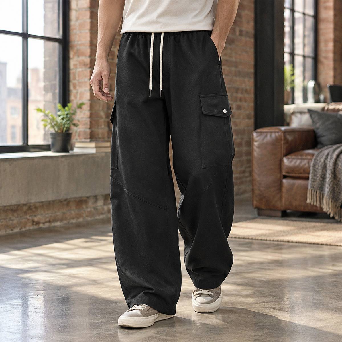 Men's Wide-Leg Drawcord Utility Trousers with Cargo Pocket