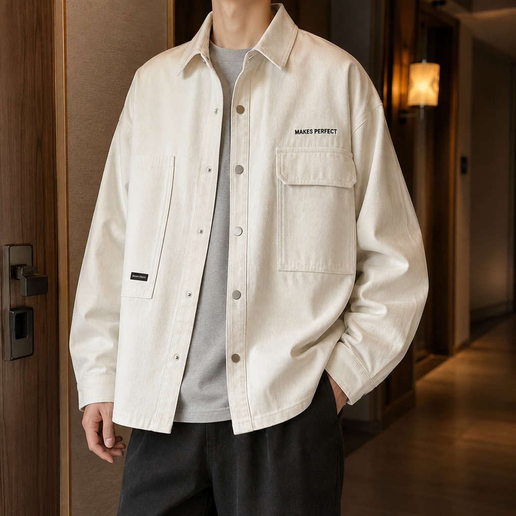 Men's Press-Stud Relaxed Shacket with Offset Utility Pockets