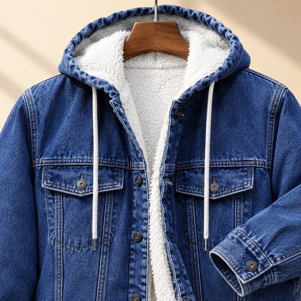 Men's Soft-Lined Jean Jacket with Drawcord Hood and Four Pockets