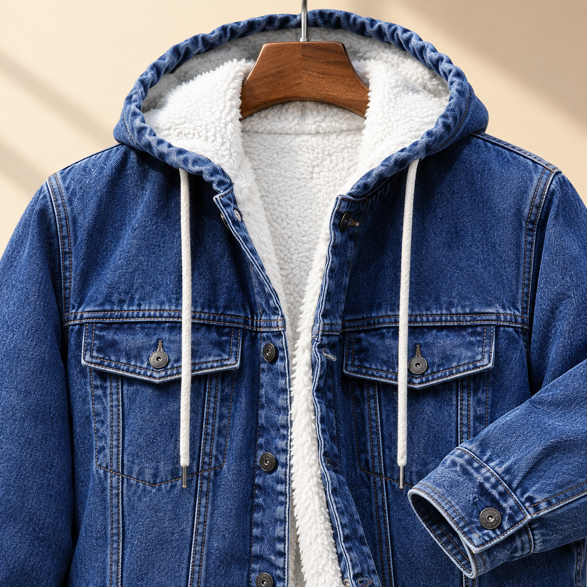Men's Soft-Lined Jean Jacket with Drawcord Hood and Four Pockets