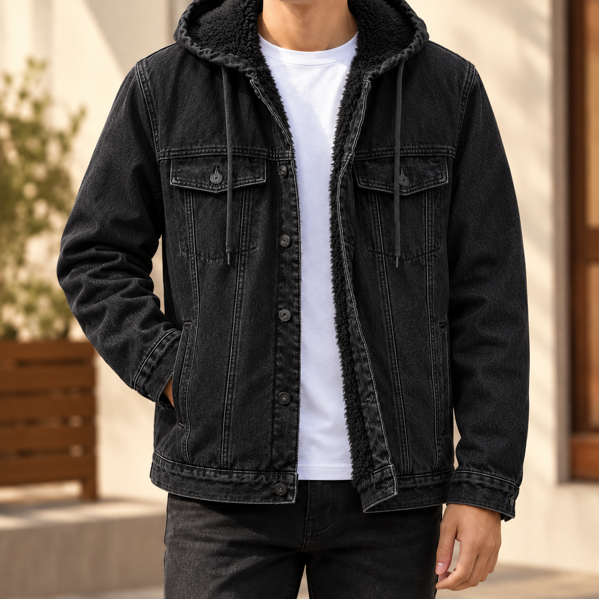 Men's Soft-Lined Jean Jacket with Drawcord Hood and Four Pockets