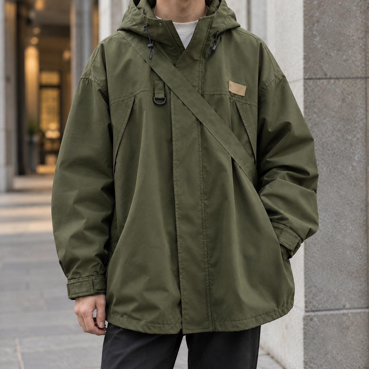Men's Hidden-Fastening Hooded Jacket in Soft Woven Fabric