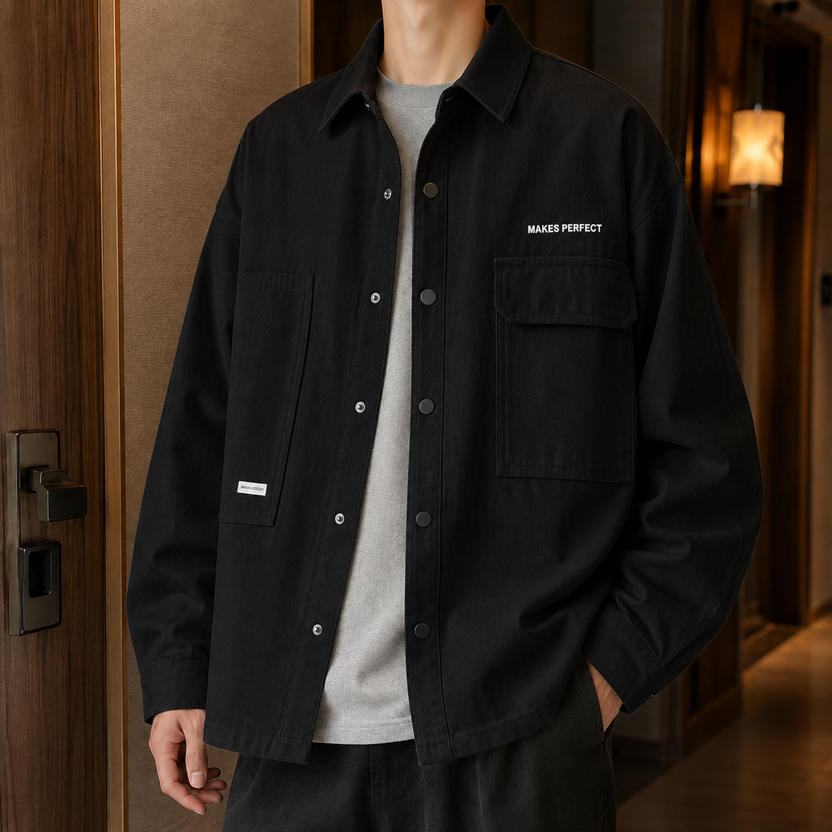 Men's Press-Stud Relaxed Shacket with Offset Utility Pockets - Black