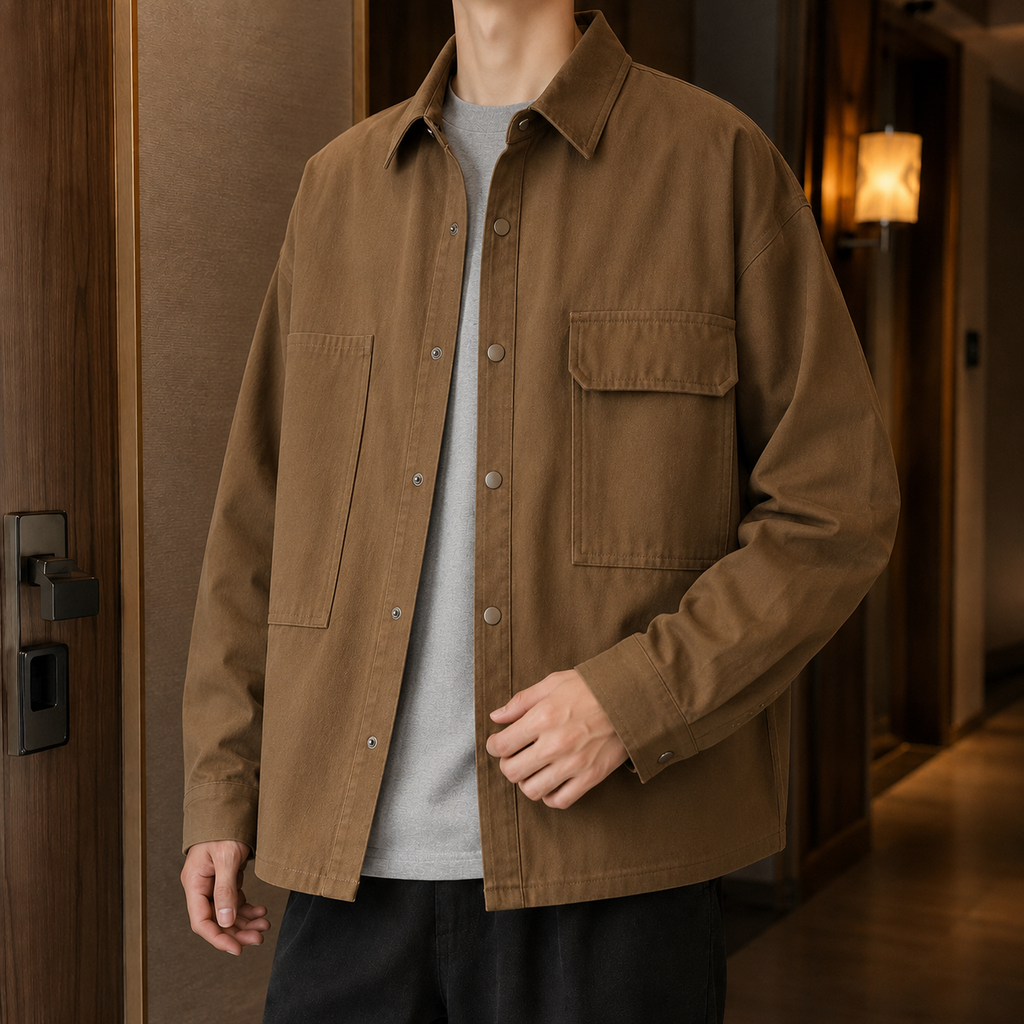 Men's Press-Stud Relaxed Shacket with Offset Utility Pockets