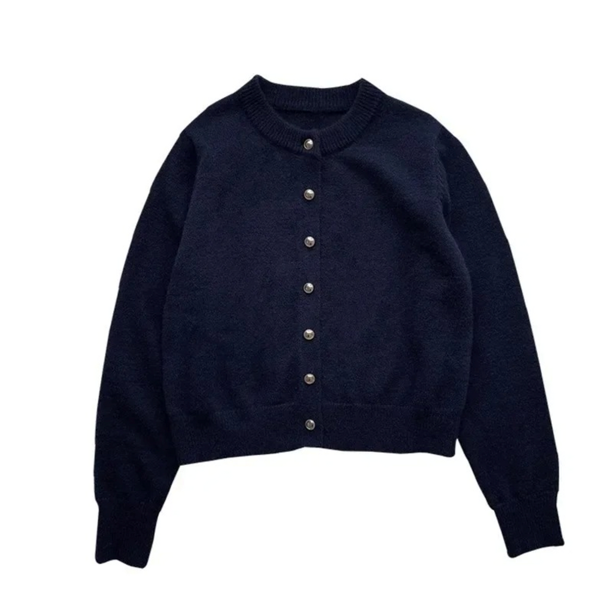 Women's Simple Round-Neck Knit Cardigan for Spring Layering - Navy Blue