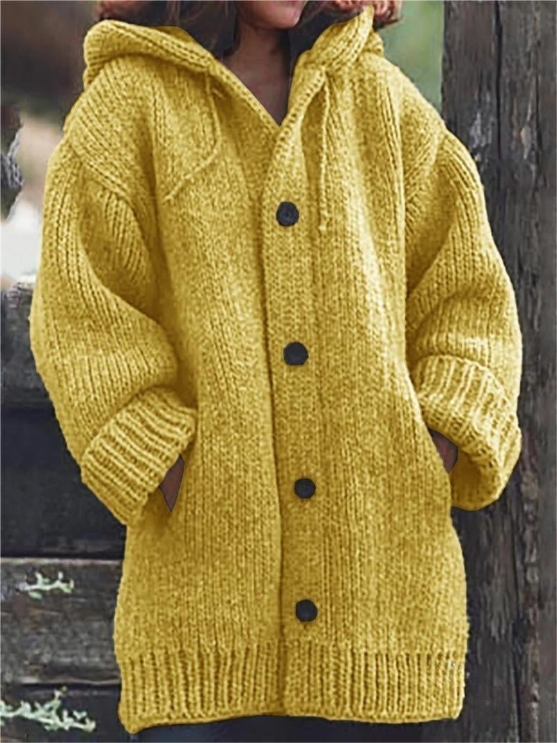 Women's Ribbed-Trim Chunky Hooded Cardigan with Pockets - Yellow