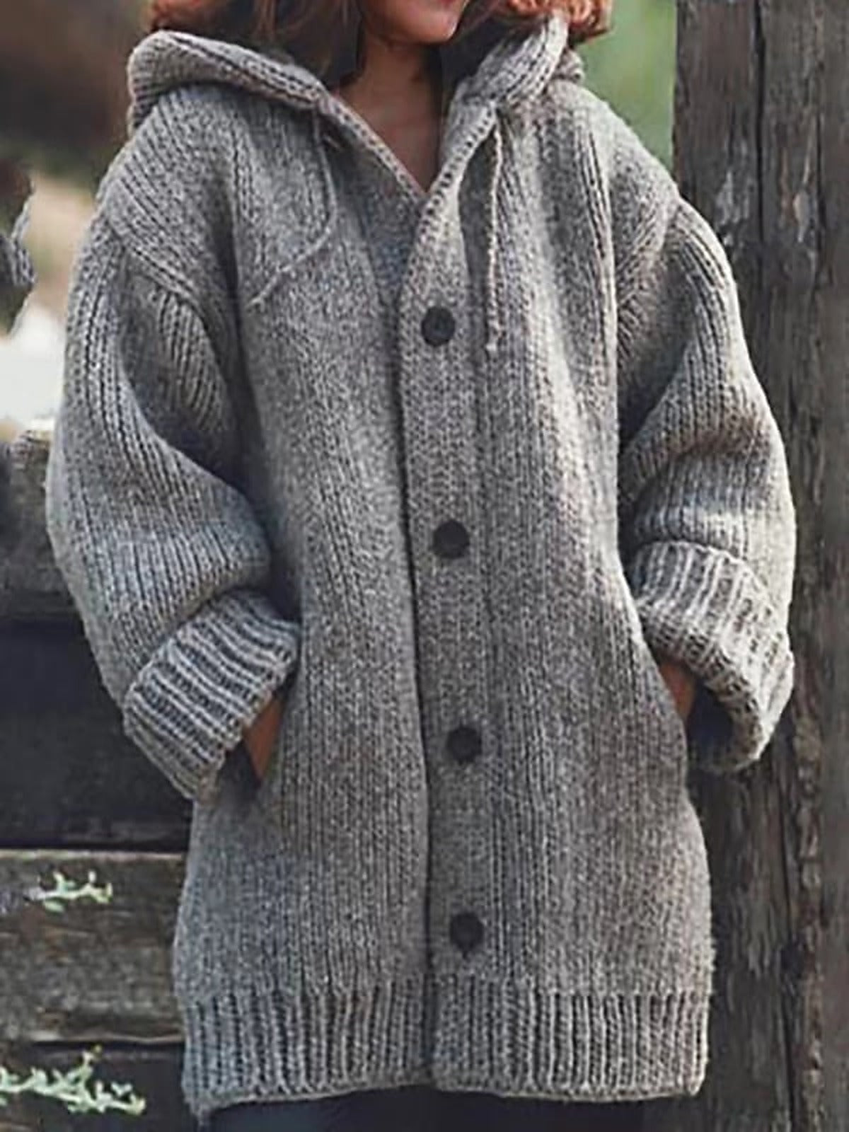 Women's Ribbed-Trim Chunky Hooded Cardigan with Pockets - Grey