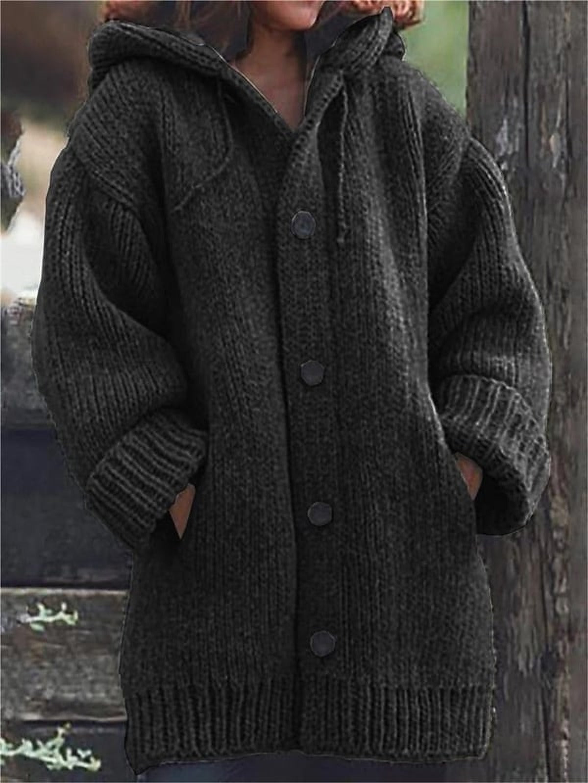Women's Ribbed-Trim Chunky Hooded Cardigan with Pockets - Black