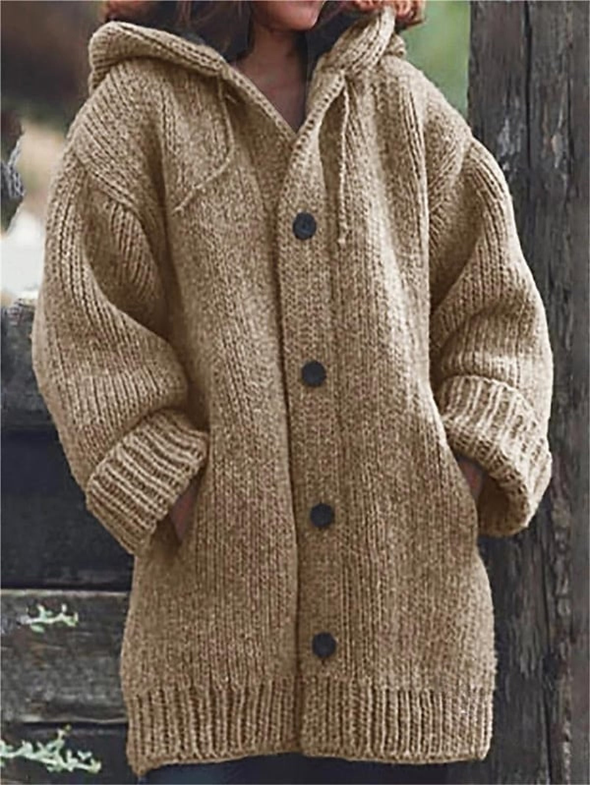 Women's Ribbed-Trim Chunky Hooded Cardigan with Pockets - Khaki
