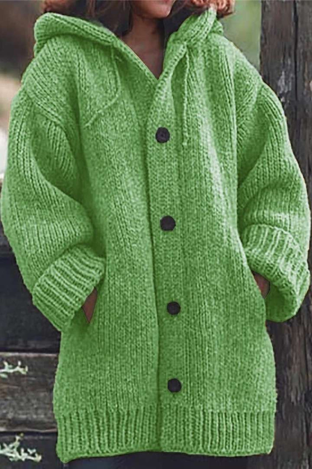 Women's Ribbed-Trim Chunky Hooded Cardigan with Pockets - Green