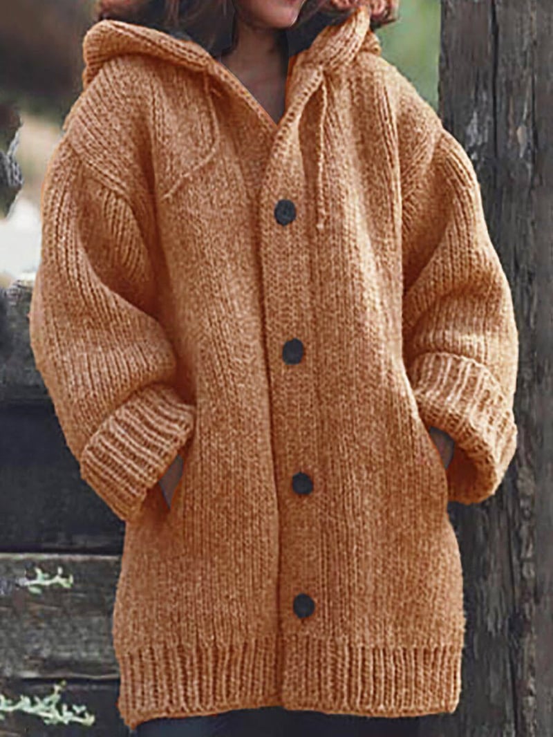 Women's Ribbed-Trim Chunky Hooded Cardigan with Pockets - Orange