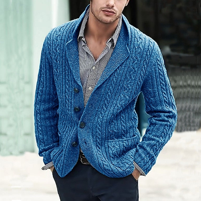 Men's Regular-Fit Lapel Cardigan in Breathable Cable Knit - Blue