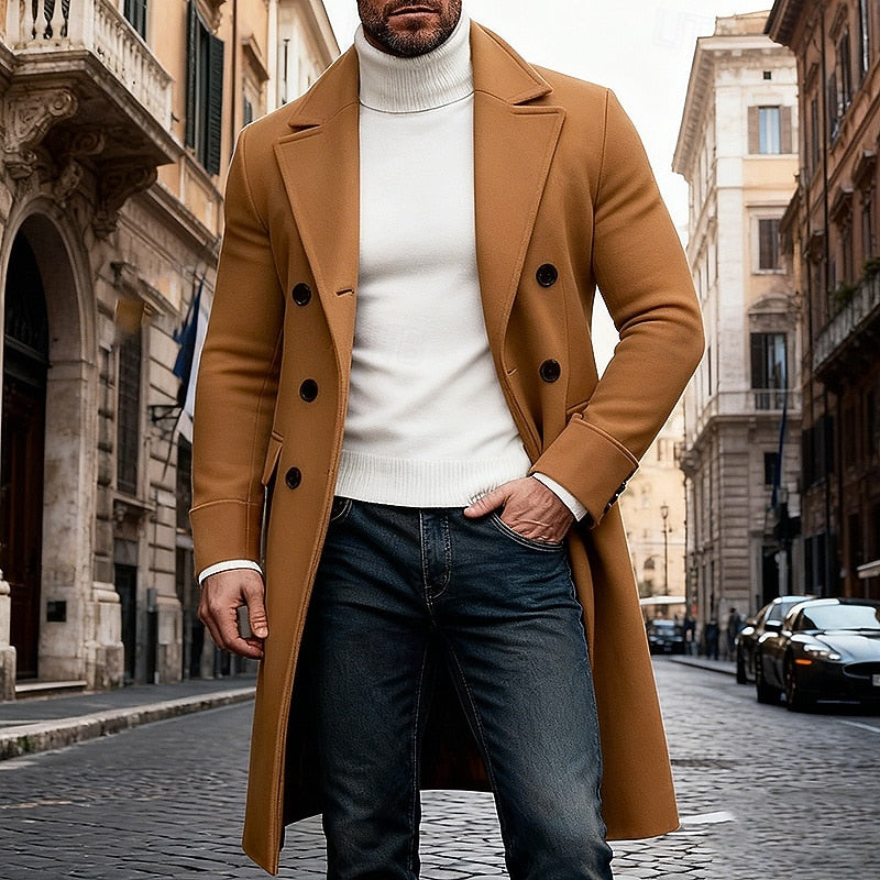 Men's Structured Winter Overcoat in a Long Double-Breasted Cut