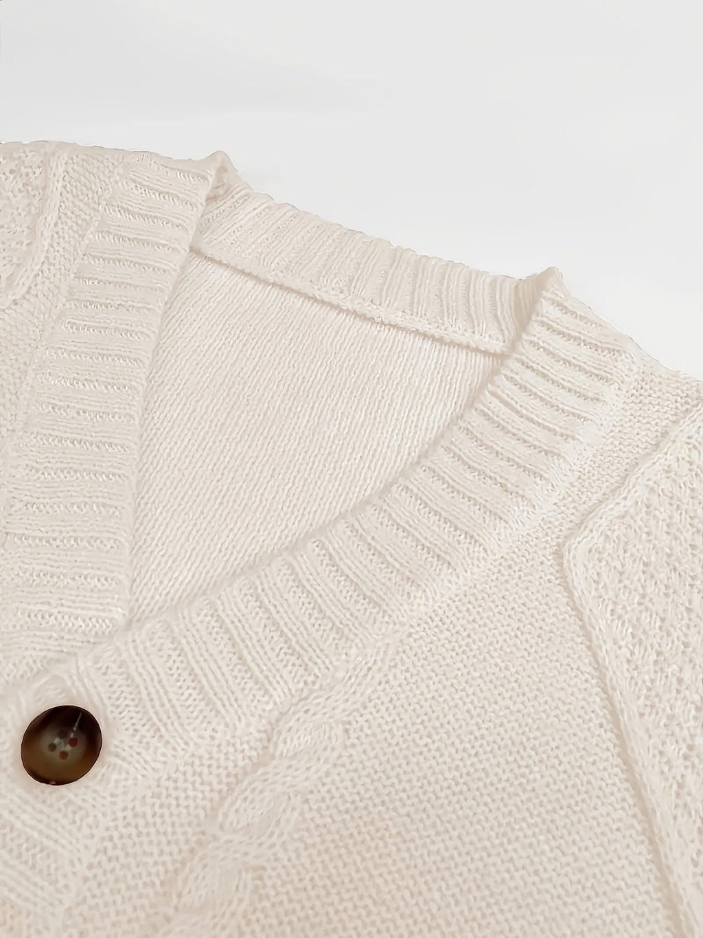 Women's Raised Cable V-Neck Cardigan with Wooden-Look Buttons