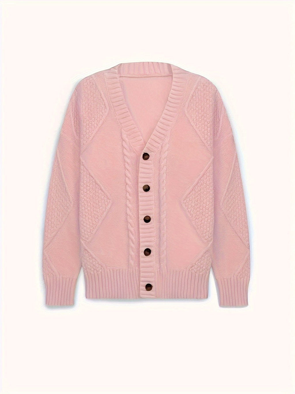 Women's Raised Cable V-Neck Cardigan with Wooden-Look Buttons