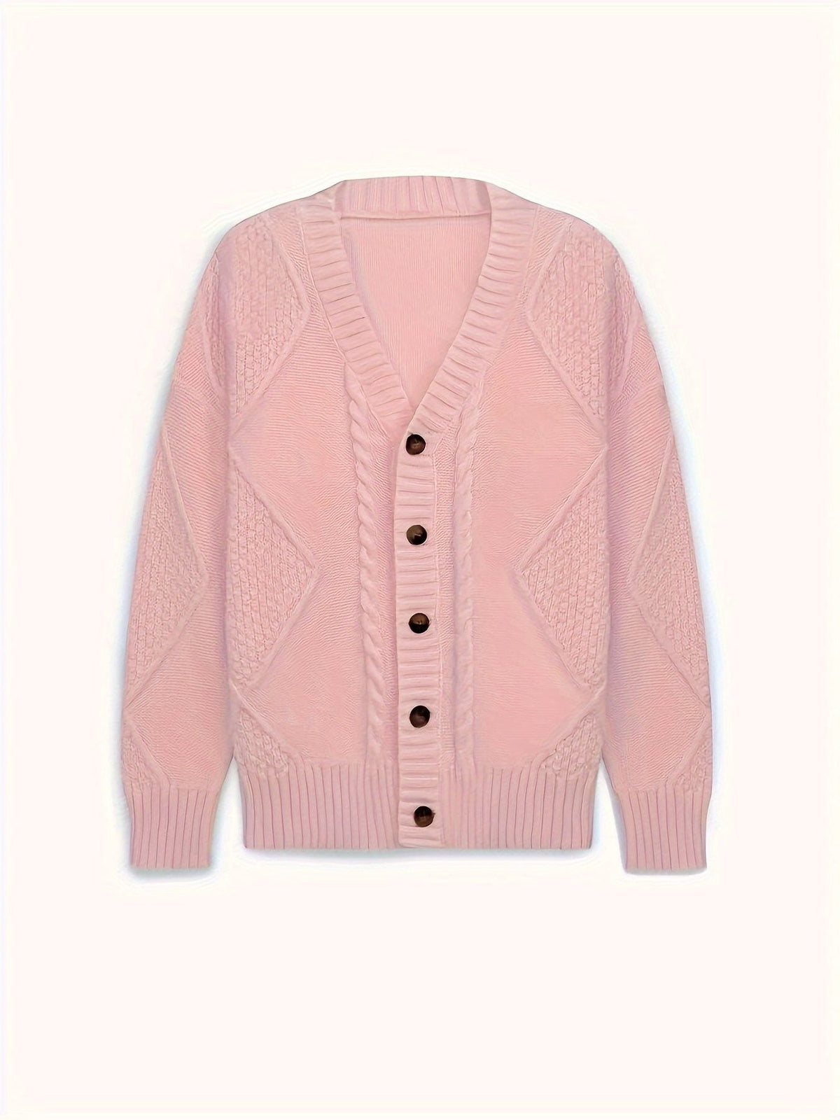 Women's Raised Cable V-Neck Cardigan with Wooden-Look Buttons