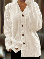 Women's Raised Cable V-Neck Cardigan with Wooden-Look Buttons