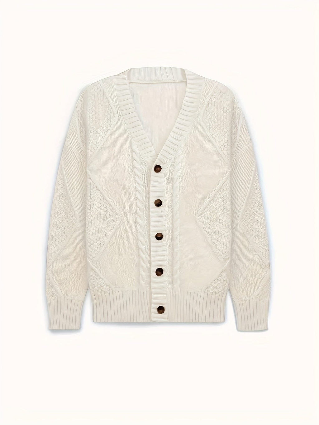 Women's Raised Cable V-Neck Cardigan with Wooden-Look Buttons