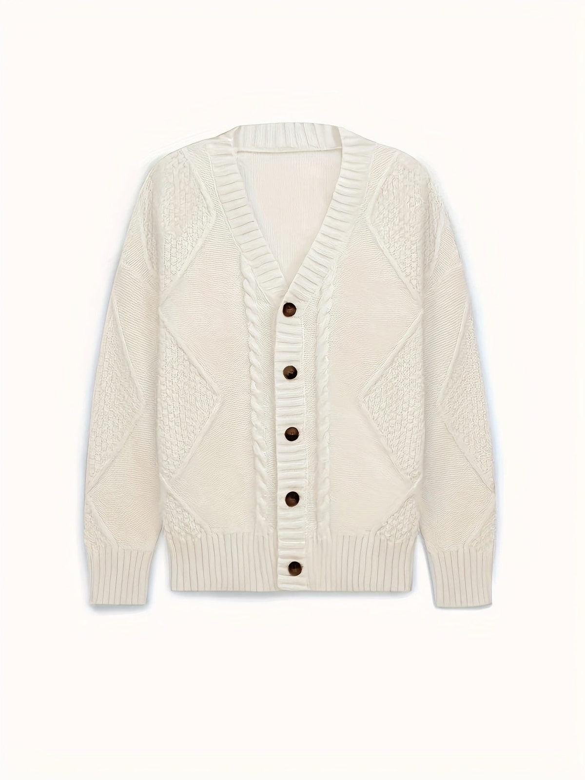 Women's Raised Cable V-Neck Cardigan with Wooden-Look Buttons