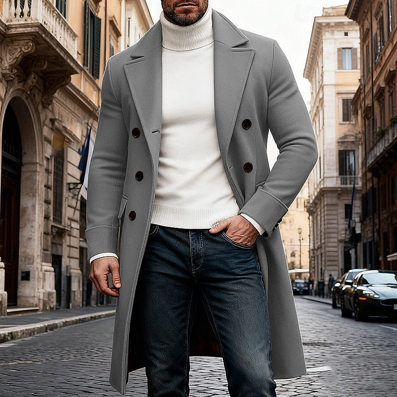 Men's Structured Winter Overcoat in a Long Double-Breasted Cut