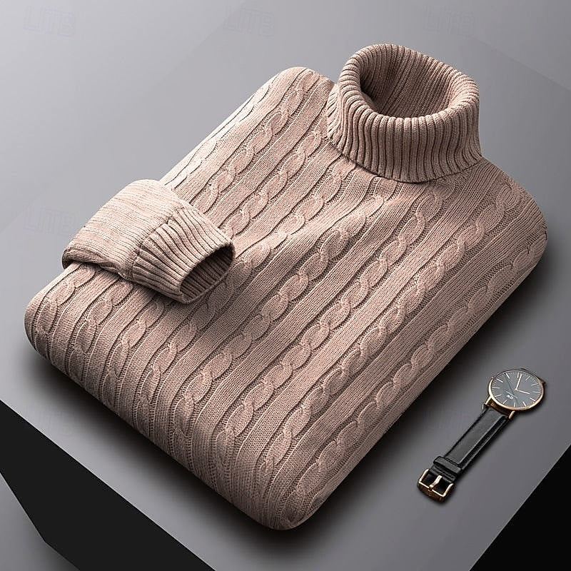 Men's Warm Stretch-Knit Cable Roll Neck for Office and Weekend - Khaki