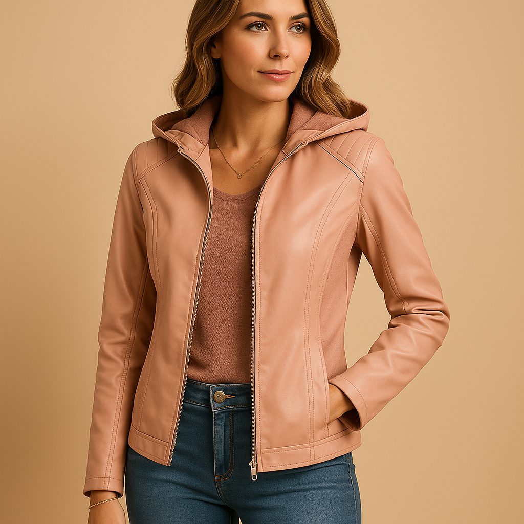 Women's Waist-Length Leather-Look Jacket with Detachable Hood - Pink