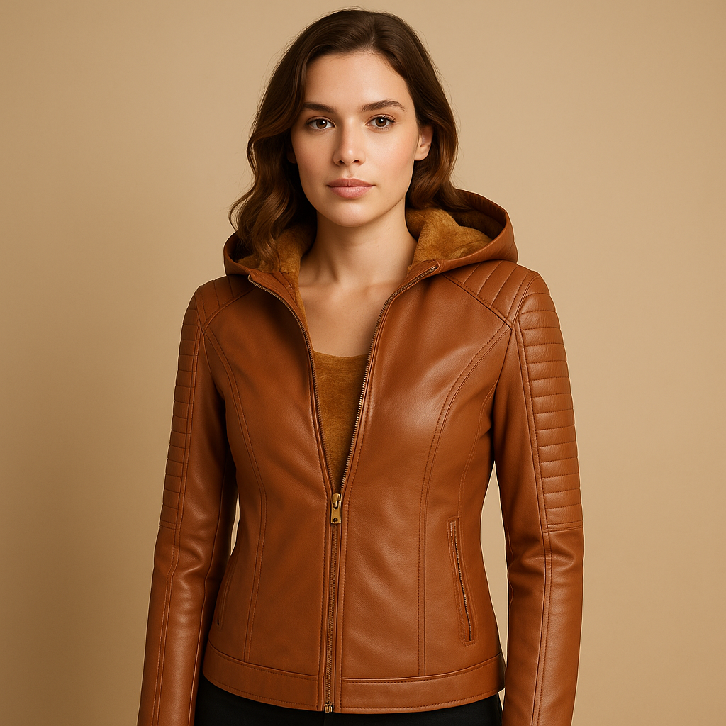 Women's Waist-Length Leather-Look Jacket with Detachable Hood - Brown