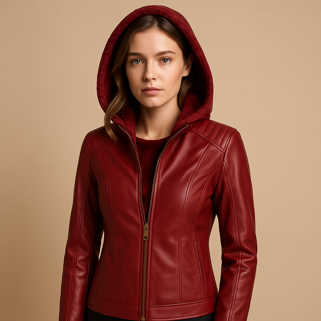 Women's Waist-Length Leather-Look Jacket with Detachable Hood - Wine Red