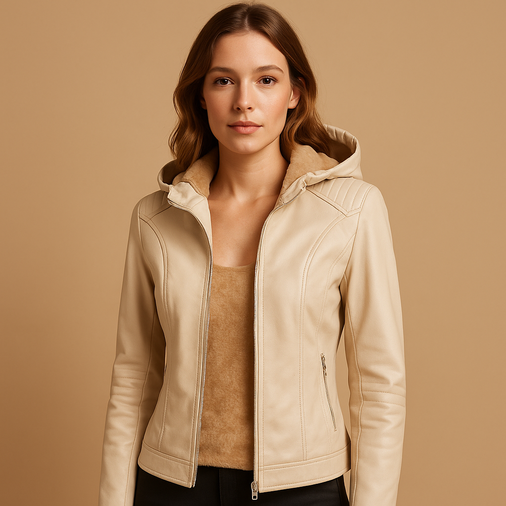 Women's Waist-Length Leather-Look Jacket with Detachable Hood - Beige