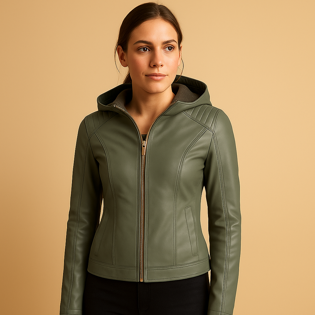 Women's Waist-Length Leather-Look Jacket with Detachable Hood - Olive Green