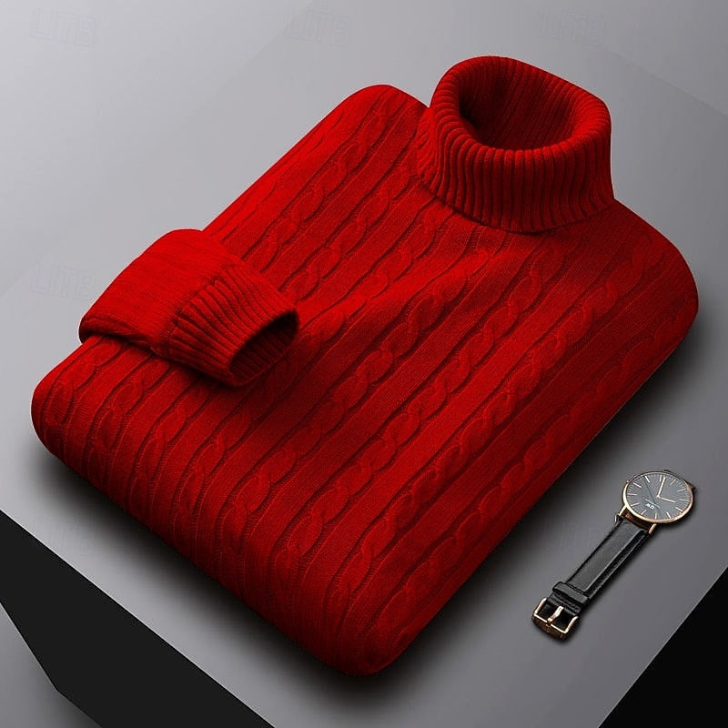 Men's Warm Stretch-Knit Cable Roll Neck for Office and Weekend - Red