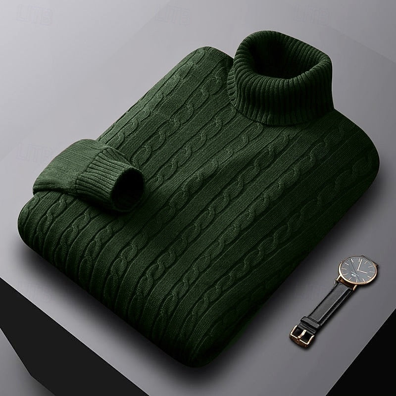 Men's Warm Stretch-Knit Cable Roll Neck for Office and Weekend - Dark Green