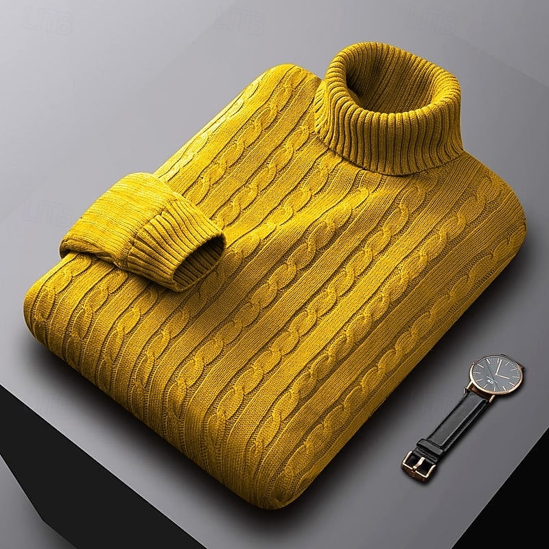 Men's Warm Stretch-Knit Cable Roll Neck for Office and Weekend - Yellow