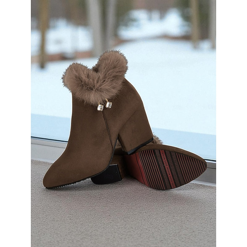 Women's Plush-Collar Pointed-Toe Boots with Side Zip