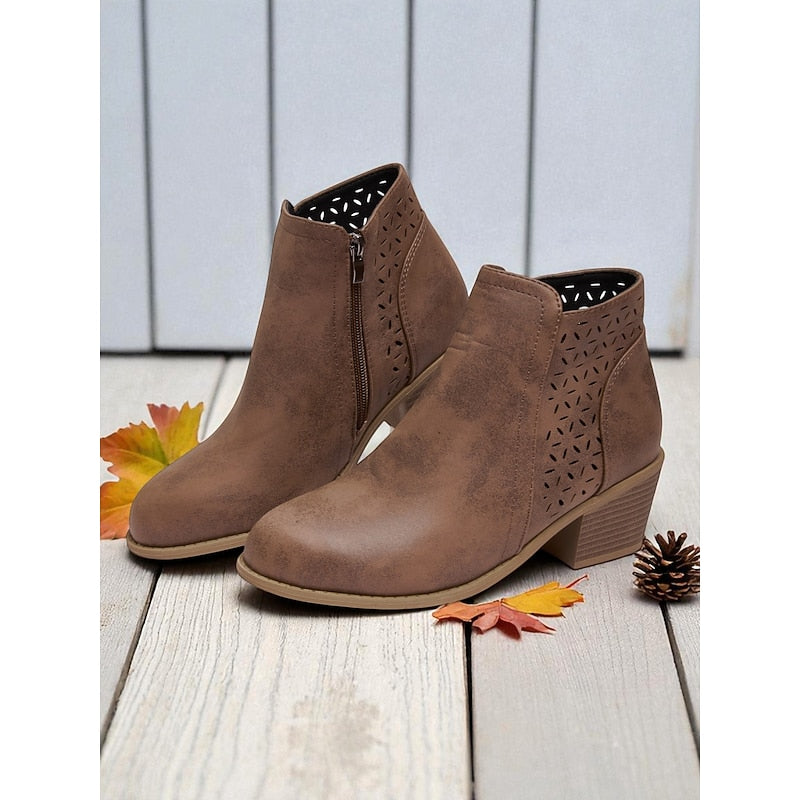 Women's Classic Cutout Ankle Boots with Easy Side Zip - Brown