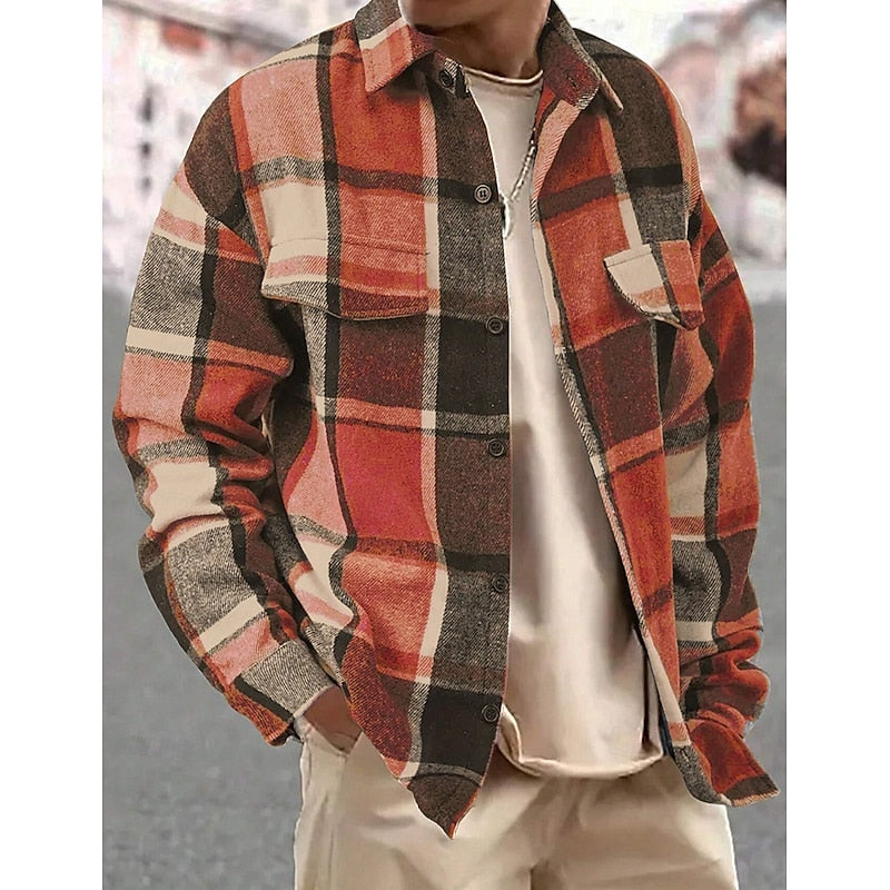 Men's Timeless Check Shirt Jacket to Wear Open or Buttoned - Orange