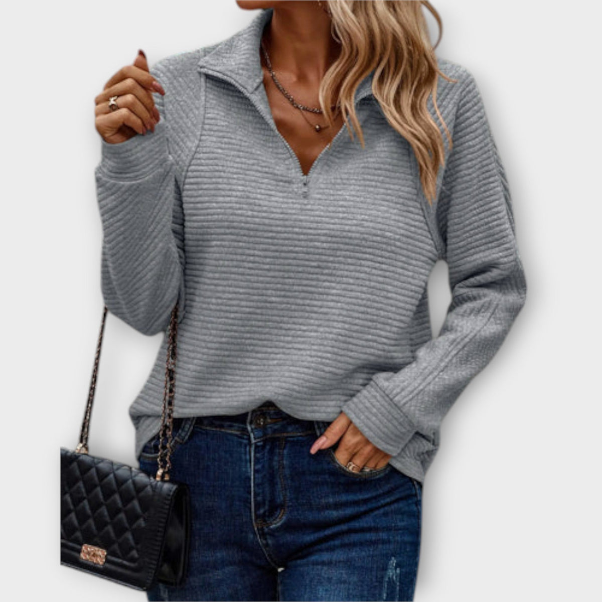 Women's Zipped V-Neck Knit Jumper for Work and Weekend - Grey