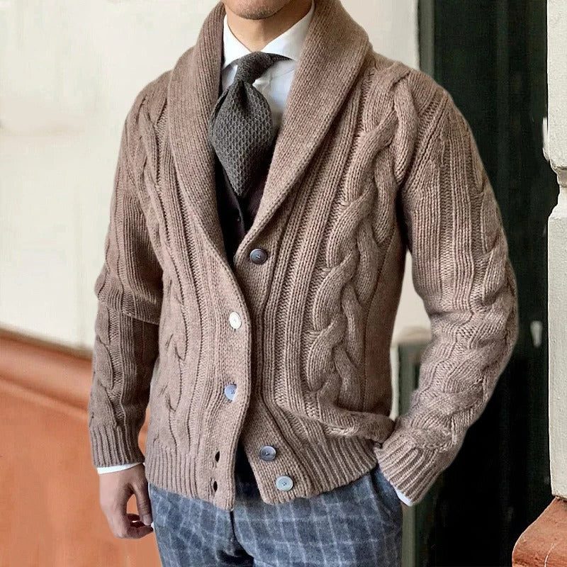 Men's Cable Knit Shawl Collar Cardigan in a Relaxed Fit - Taupe