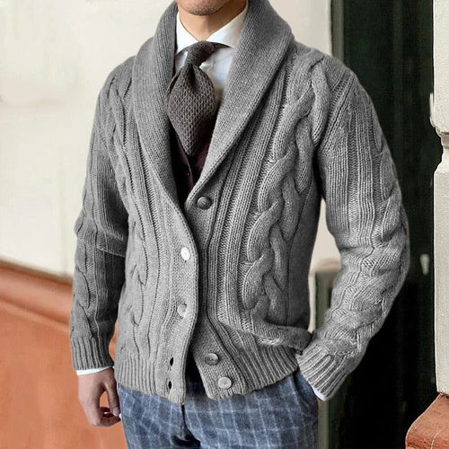 Men's Cable Knit Shawl Collar Cardigan in a Relaxed Fit - Grey