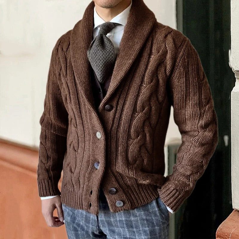 Men's Cable Knit Shawl Collar Cardigan in a Relaxed Fit - Brown