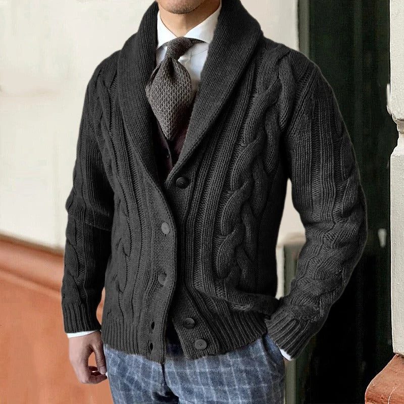 Men's Cable Knit Shawl Collar Cardigan in a Relaxed Fit - Black