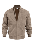 Men's Collarless Suede-Texture Bomber Jacket with Ribbed Neck - Taupe