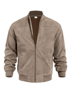 Men's Collarless Suede-Texture Bomber Jacket with Ribbed Neck - Taupe