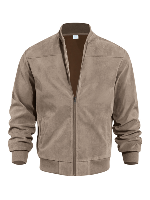 Men's Collarless Suede-Texture Bomber Jacket with Ribbed Neck - Taupe