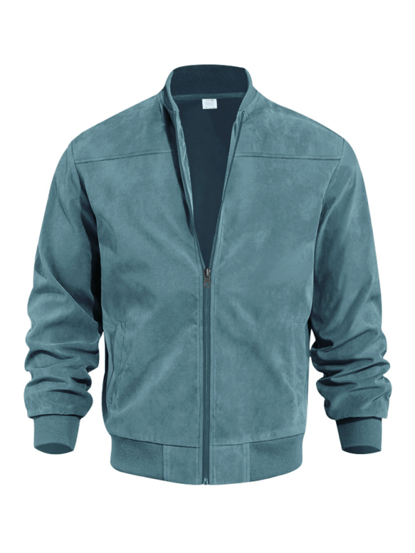 Men's Collarless Suede-Texture Bomber Jacket with Ribbed Neck - Blue Green