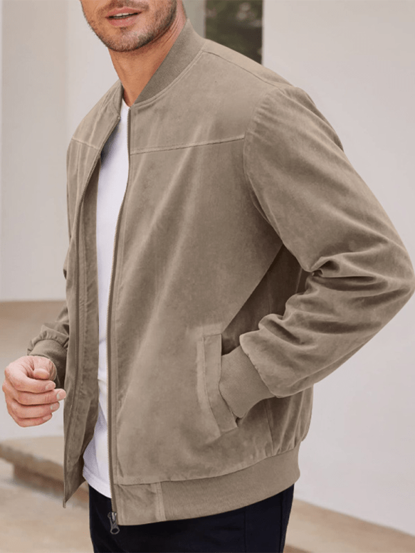 Men's Collarless Suede-Texture Bomber Jacket with Ribbed Neck