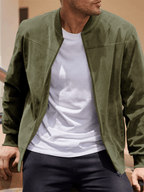 Men's Collarless Suede-Texture Bomber Jacket with Ribbed Neck