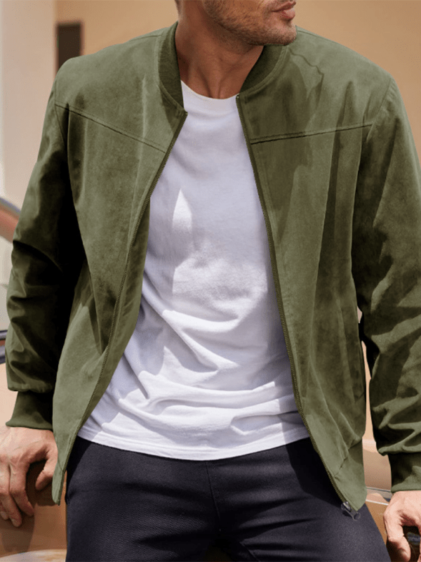 Men's Collarless Suede-Texture Bomber Jacket with Ribbed Neck