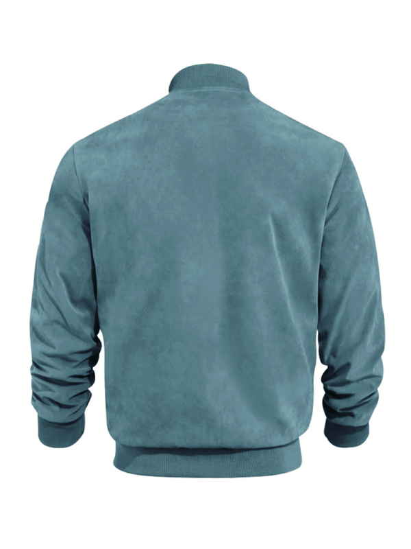 Men's Collarless Suede-Texture Bomber Jacket with Ribbed Neck