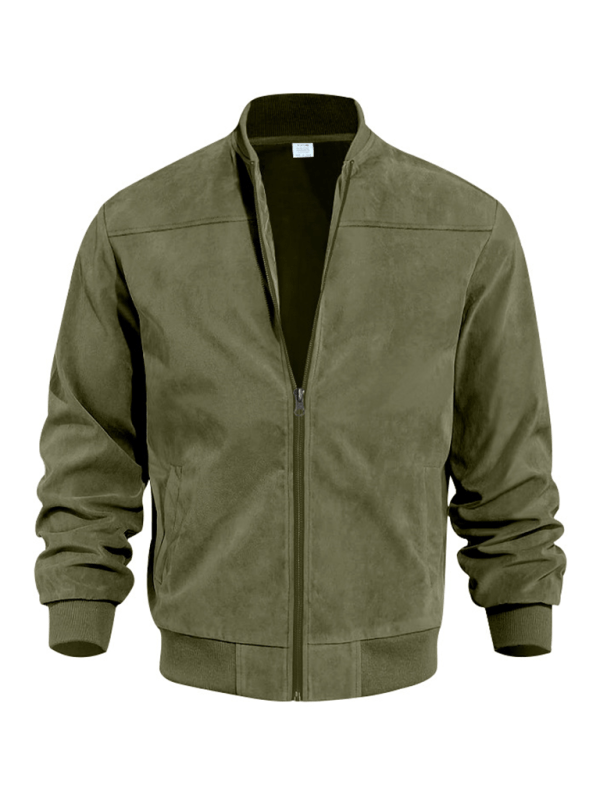 Men's Collarless Suede-Texture Bomber Jacket with Ribbed Neck - Olive Green